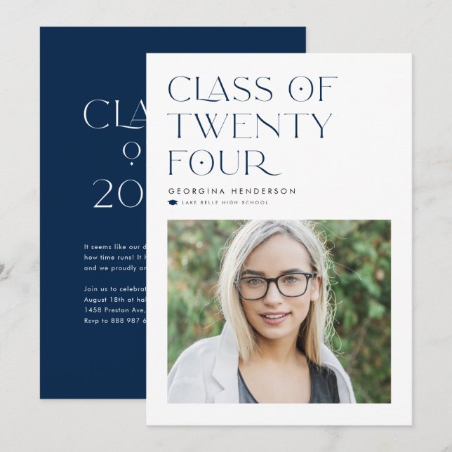 Blue Minimalist Class of 2024 Photo Graduation Announcement (Front/Back)