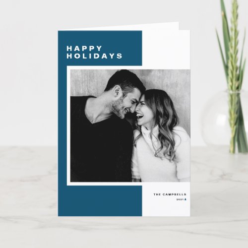 Blue Minimalist Color Block Happy Holidays Photo Holiday Card