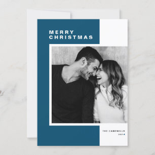Blue Minimalist Color Block Merry Christmas Photo Holiday Card