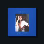 Blue | Minimalist Custom Photo Text Canvas Print<br><div class="desc">Minimalist blue Custom Photo Text Couple Canvas Print featuring large terracotta brown space frame, couple/newlyweds name and engagement year in a modern and simple sans serif font and a personalized photo. Create a perfect wedding, engagement and home warming party gifts for couple, newlyweds, bridal shower, use it as keepsake and...</div>