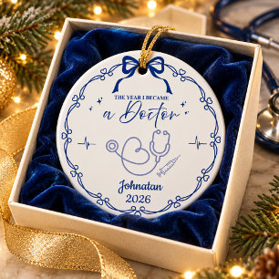 Blue Minimalist Doctor Christmas Custom Name Year Ceramic Ornament