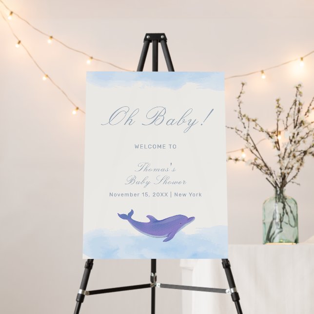 Blue Minimalist Dolphin Baby Shower Welcome Sign (In Situ (Stand))