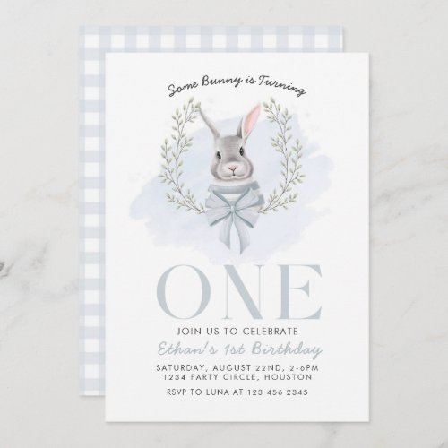 Blue Minimalist Easter Bunny first Birthday Invitation