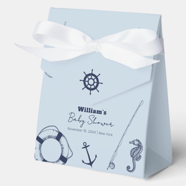 Blue Minimalist Elegant Fishing Boy Baby Shower Favor Boxes (Front)