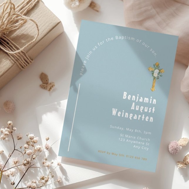Blue Minimalist Floral Gold Cross Baptism  Invitation (Creator Uploaded)