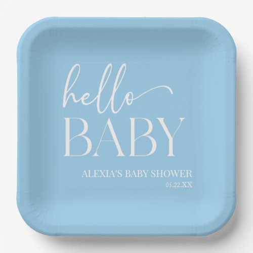 Blue Minimalist Hello Baby Baby Shower Paper Plates