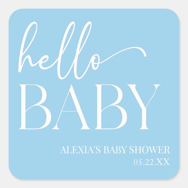 Blue Minimalist Hello Baby Baby Shower Square Sticker (Front)