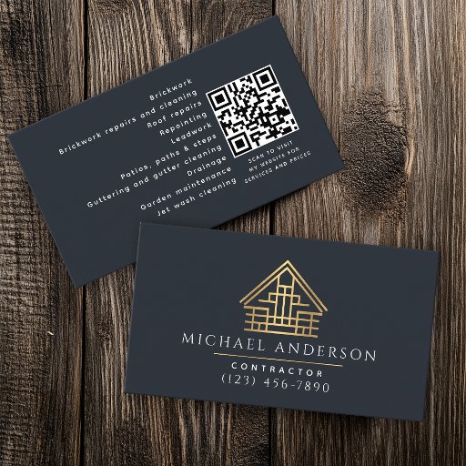 Customizable Blue Minimalist Home Building Construction QR Code Business Card