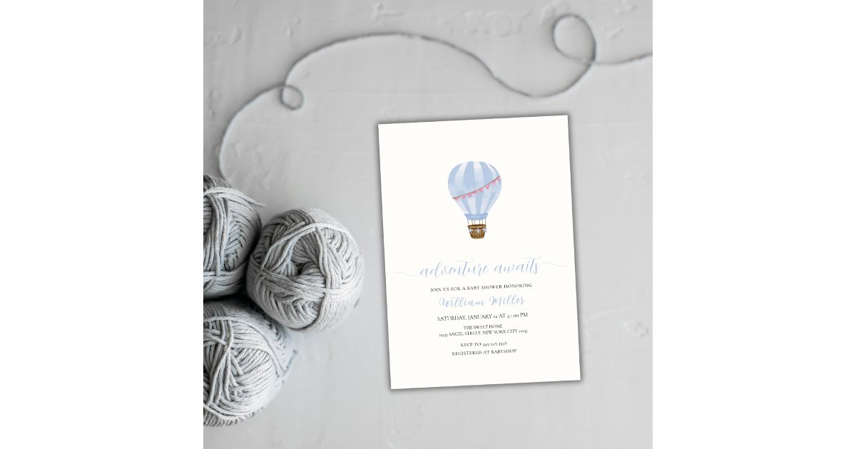 Blue Minimalist Hot Air Balloon Boy Baby Shower Invitation | Zazzle