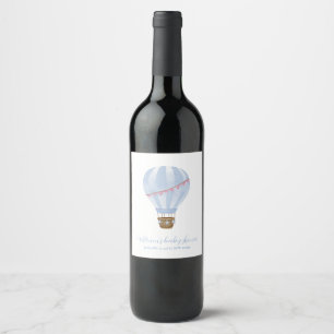 Blue Minimalist Hot Air Balloon Boy Baby Shower Wine Label