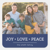 Blue Minimalist Joy Love Peace Holiday Photo Square Sticker