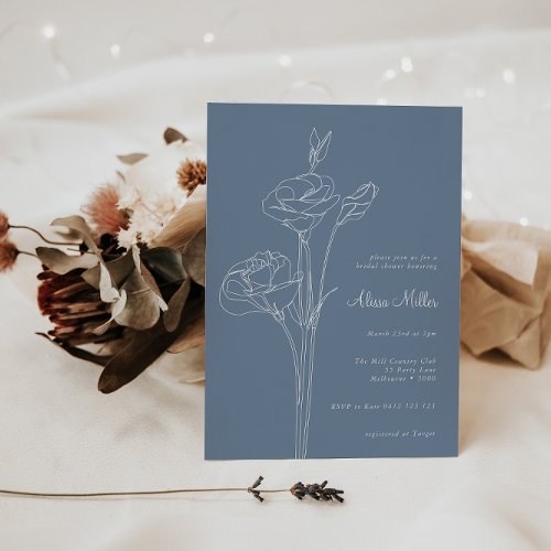 Blue Minimalist Line Floral Bridal Shower Invitation