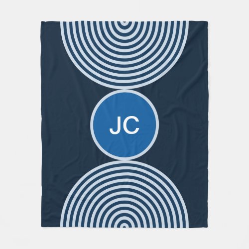 Blue Minimalist Monogram Circle Pattern Fleece Blanket