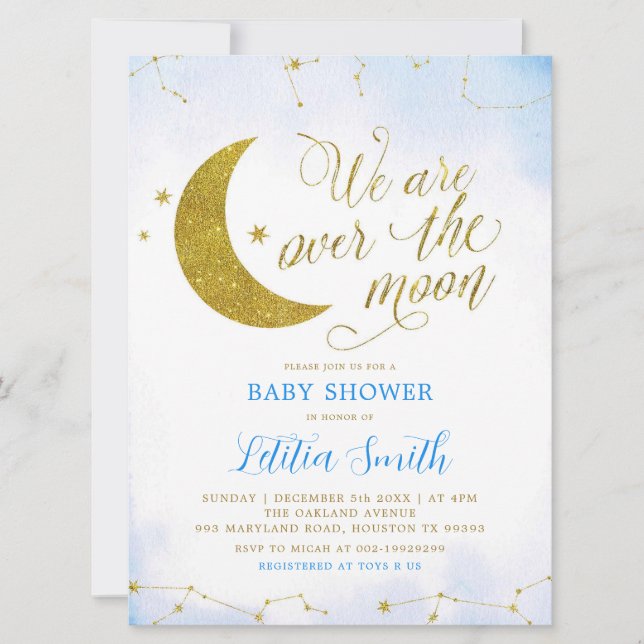 Blue Minimalist Over the Moon Baby Shower Invite (Front)