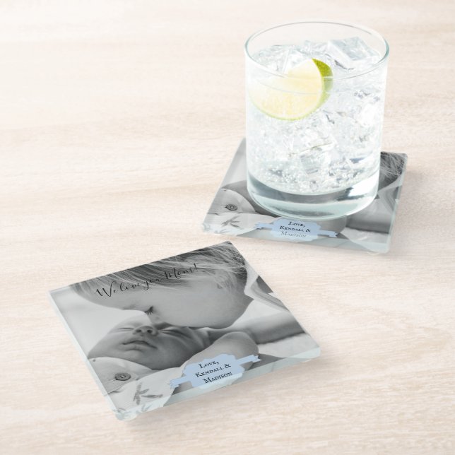 Blue Minimalist Photo Mother's Day Glass Coaster (Angled)