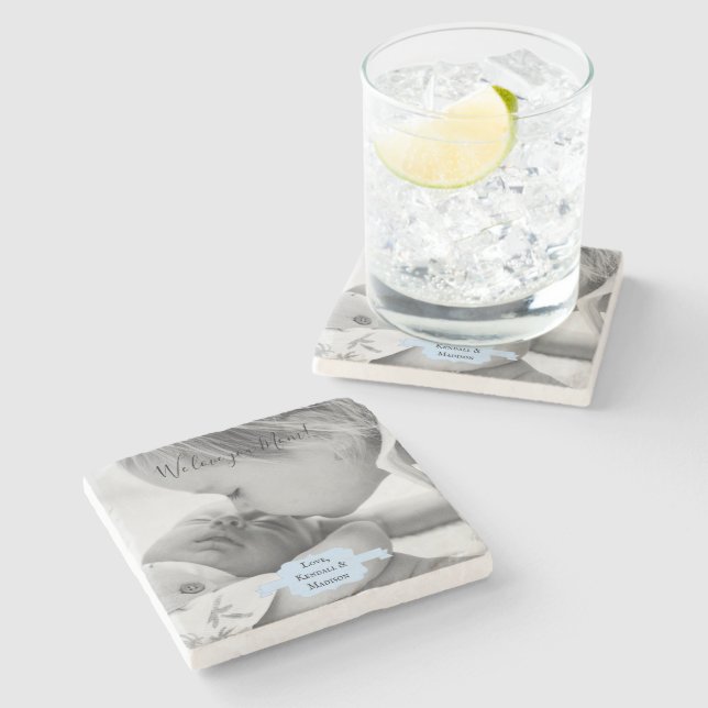 Blue Minimalist Photo Mother's Day Stone Coaster (Side)
