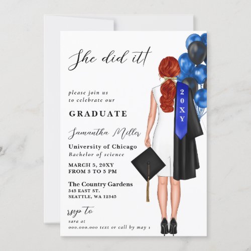 Blue Minimalist Photo She Did It Graduation Invitation