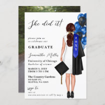 Blue Minimalist Photo She Did It Graduation  Invitation