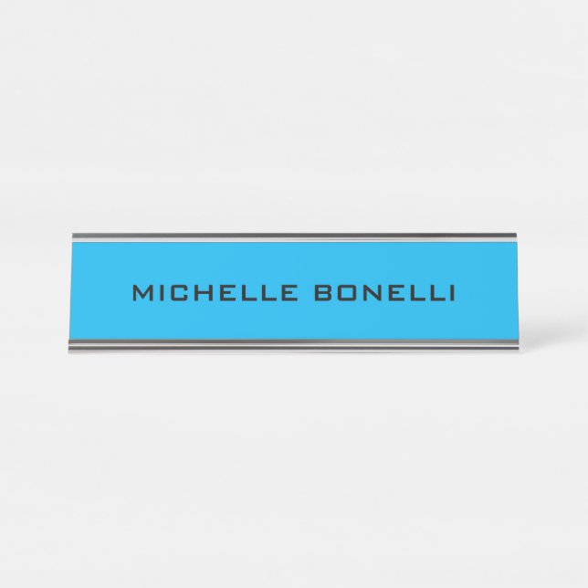 Blue Minimalist Plain Modern Desk Name Plate (Front)