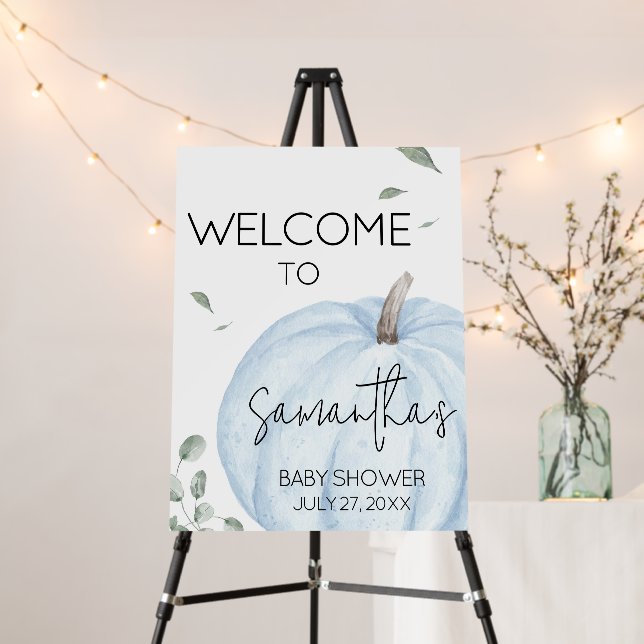 Blue Minimalist Pumpkin Baby Shower Welcome Sign (In Situ (Stand))