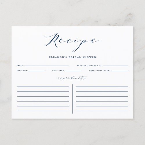 Blue Minimalist Script Bridal Shower Recipe Card