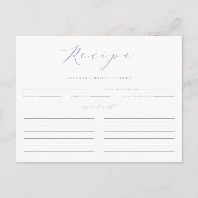Blue Minimalist Script Bridal Shower Recipe Card (Front)