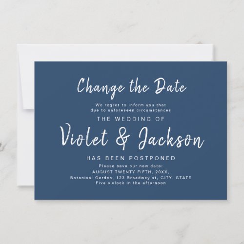 Blue minimalist script change the date wedding invitation