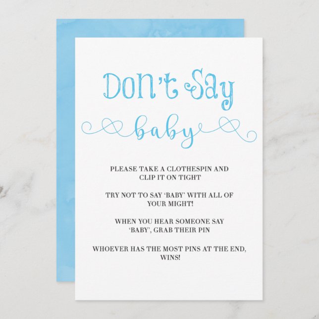 Blue Minimalist Script Don’t Say Baby Invites (Front/Back)