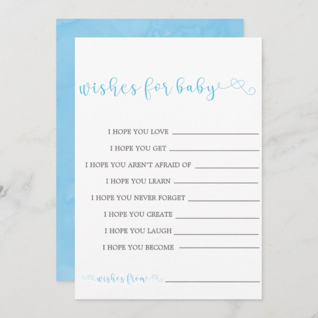 Blue Minimalist Script Wishes For Baby Invites (Front/Back)