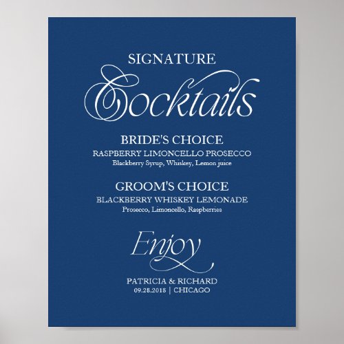 Blue Minimalist Signature Cocktails Wedding Sign