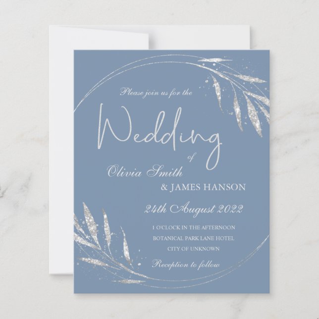 Blue minimalist silver foliage wedding invitation (Front)