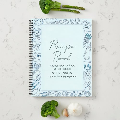 Blue Minimalist Sketched Food Doodle Recipe Book