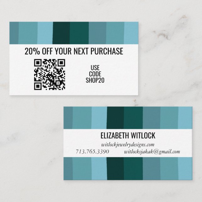 Blue Minimalist Stripes Simple Chic QR CODE  Discount Card (Front/Back)