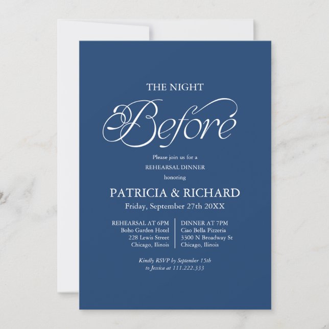 Blue Minimalist The Night Before Rehearsal Dinner Invitation (Front)