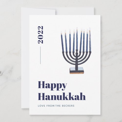 Blue Minimalist Watercolor Menorah Candle Hanukkah Holiday Card