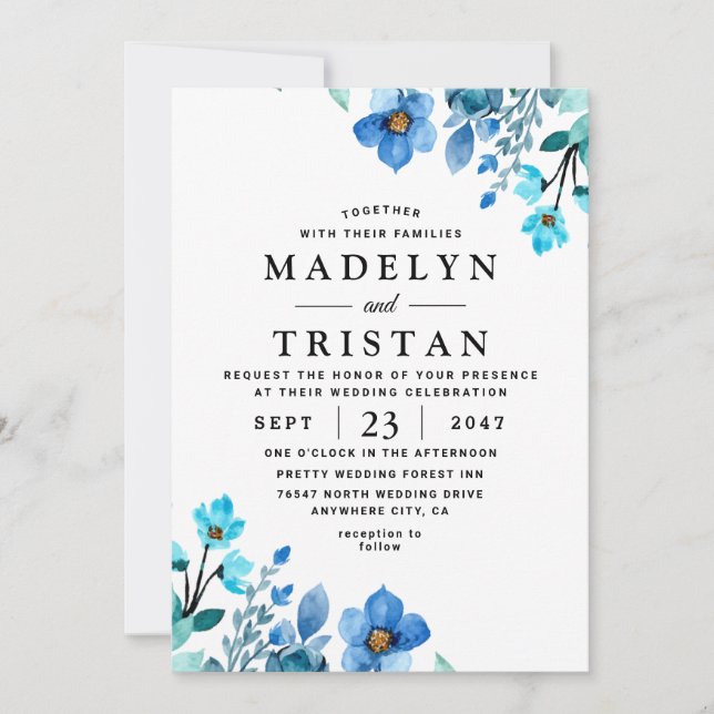 Blue Minimalist Watercolor Wedding Invitation (Front)
