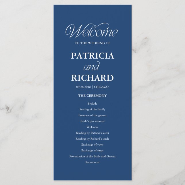 Blue Minimalist Wedding Order of Service Program (Front)