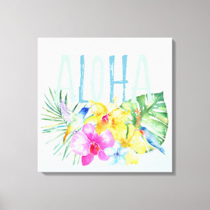 Blue Mint Aloha Floral Tropical Watercolor Canvas Print