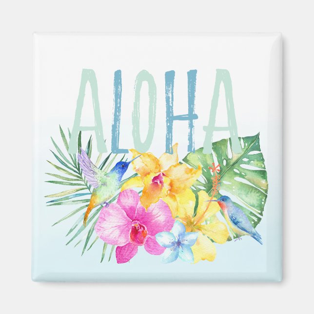 Blue Mint Aloha Floral Tropical Watercolor Magnet (Front)