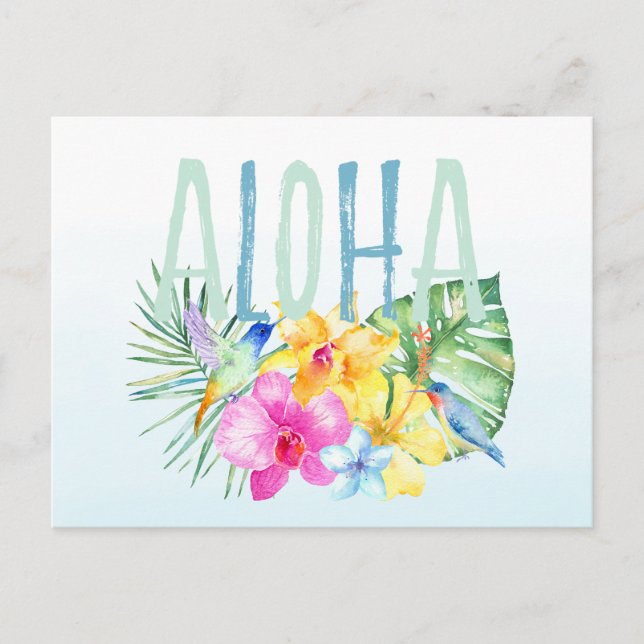Blue Mint Aloha Floral Tropical Watercolor Postcard (Front)