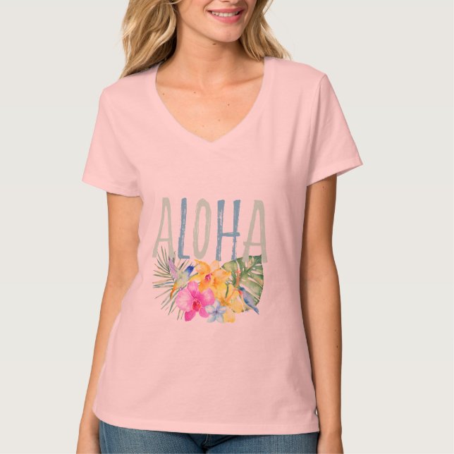 Blue Mint Aloha Floral Tropical Watercolor T-Shirt (Front)