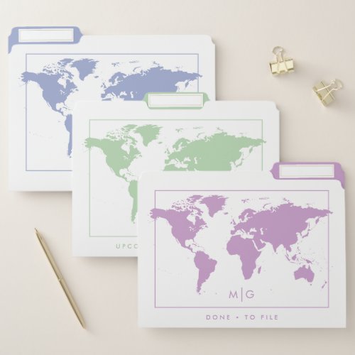 Blue Mint and Purple Muted Pastels World Map File Folder
