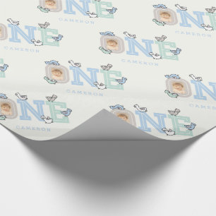 Blue & Mint Baby Ducks One Photo Boy 1st Birthday Wrapping Paper