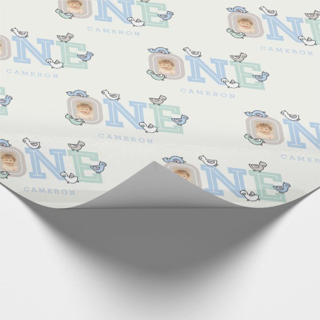Blue & Mint Baby Ducks One Photo Boy 1st Birthday Wrapping Paper (Corner)
