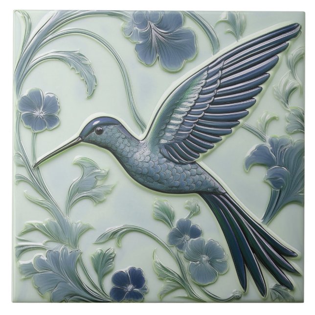 Blue & mint faux relief Art Nouveau Hummingbird L Ceramic Tile (Front)