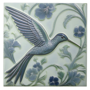 Blue & mint faux relief Art Nouveau Hummingbird R Ceramic Tile