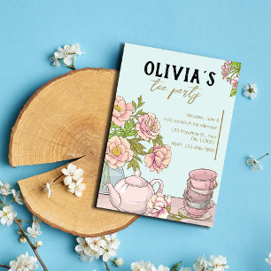 Blue Mint Floral Illustrated Tea Party Invitation