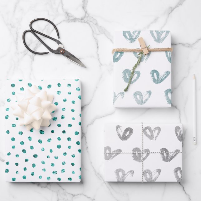 Blue Mint Glitter Dots Silver Hearts Wrapping Paper Sheets (Front)