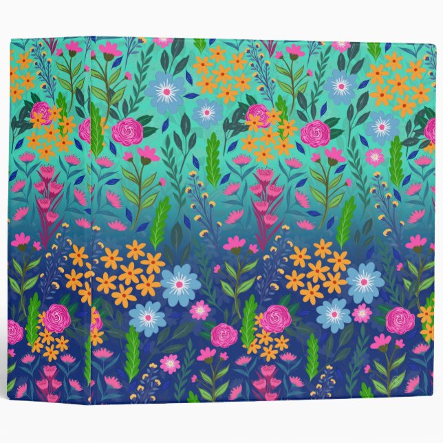 Blue Mint Gradient Garden Flowers Pretty Design 3 Ring Binder (Front/Spine)