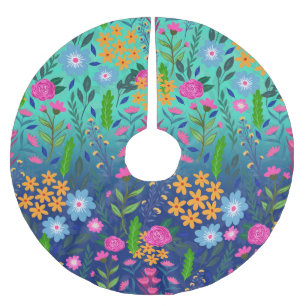 Blue Mint Gradient Garden Flowers Pretty Design Brushed Polyester Tree Skirt